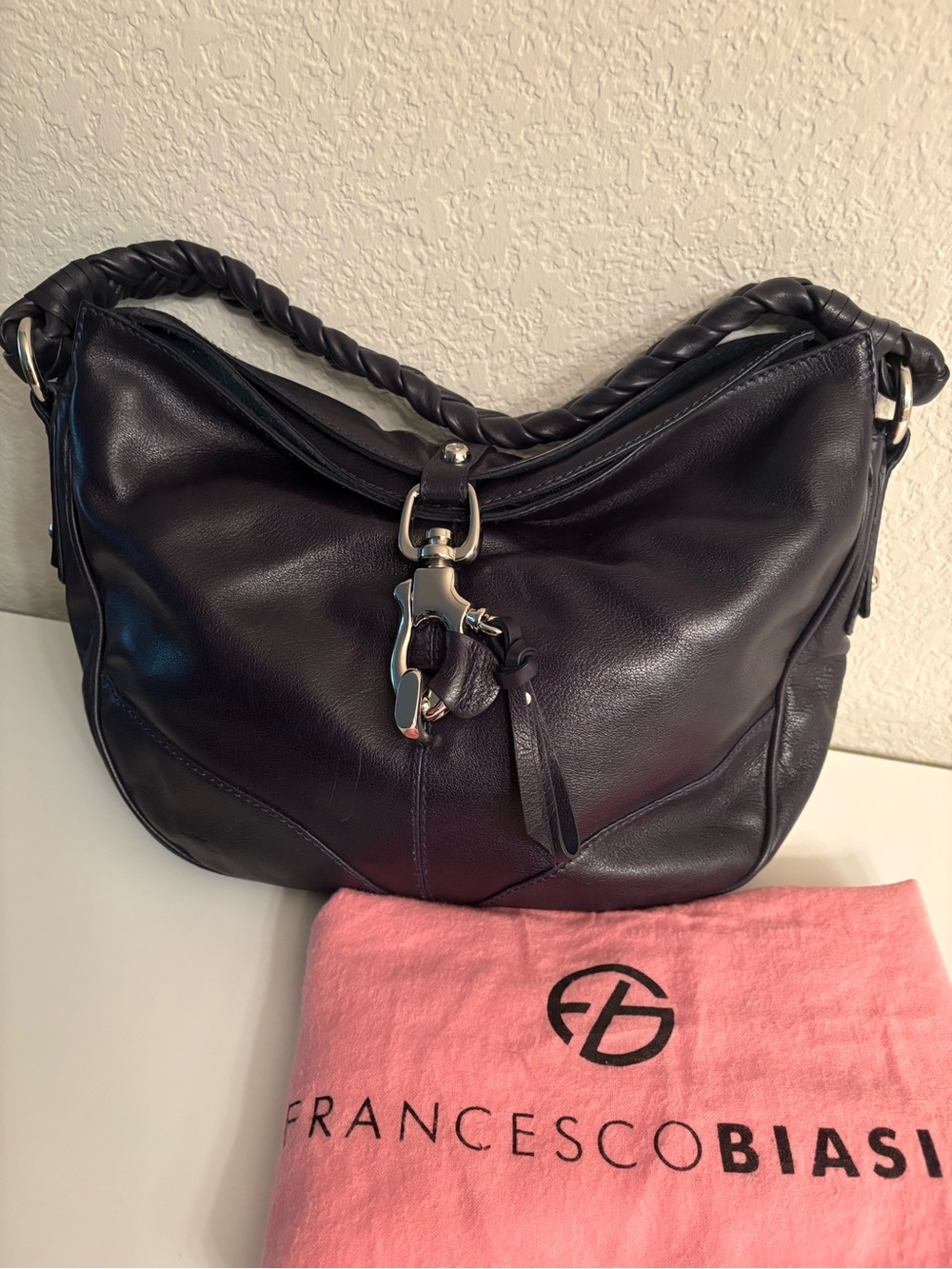 Francesco Biasia Black Braided-Handle Leather Shoulder Bag with Tassel